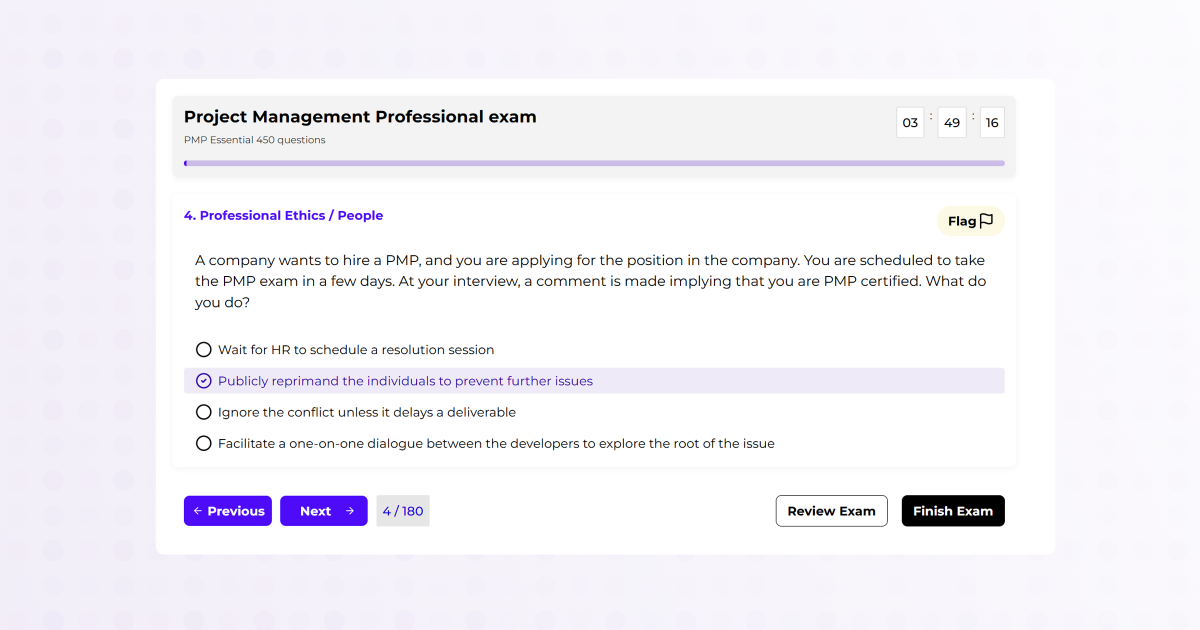 Exam panel with timer, progress, question, options and primary actions.