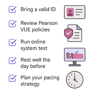 PMI-ACP exam day checklist with ID, rules, system test, and pacing plan icons
