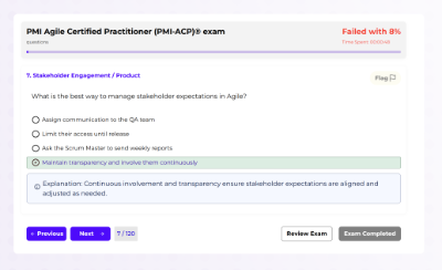 PMI-ACP simulator interface with timer, navigator, and review explanations